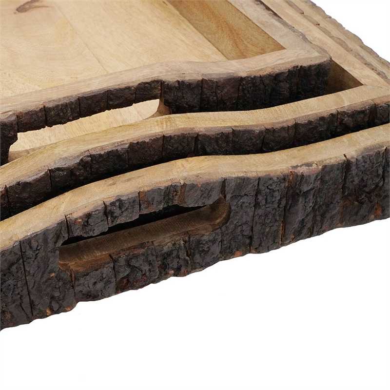20- 18- 16 Inch Set of 3 Wood Serving Trays- Tree Bark Accent- Natural Brown