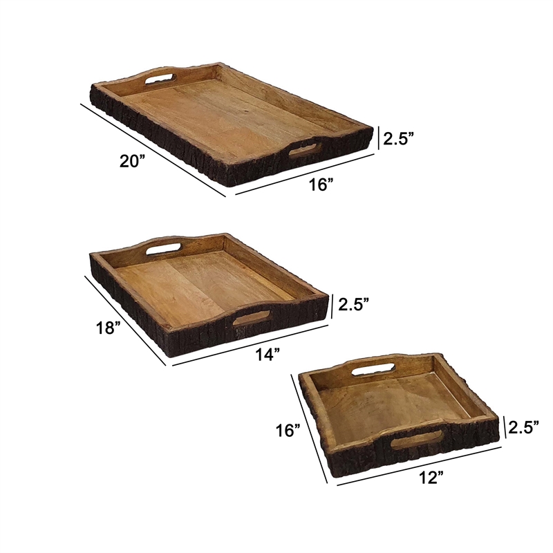 20- 18- 16 Inch Set of 3 Wood Serving Trays- Tree Bark Accent- Natural Brown