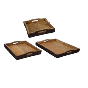 20- 18- 16 Inch Set of 3 Wood Serving Trays- Tree Bark Accent- Natural Brown