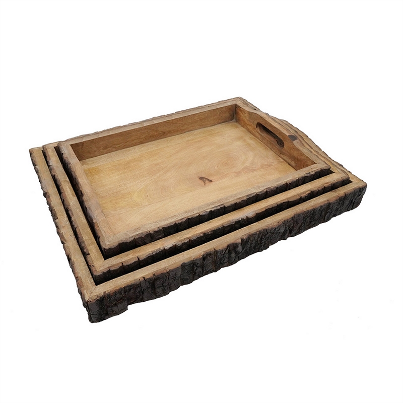 20- 18- 16 Inch Set of 3 Wood Serving Trays- Tree Bark Accent- Natural Brown