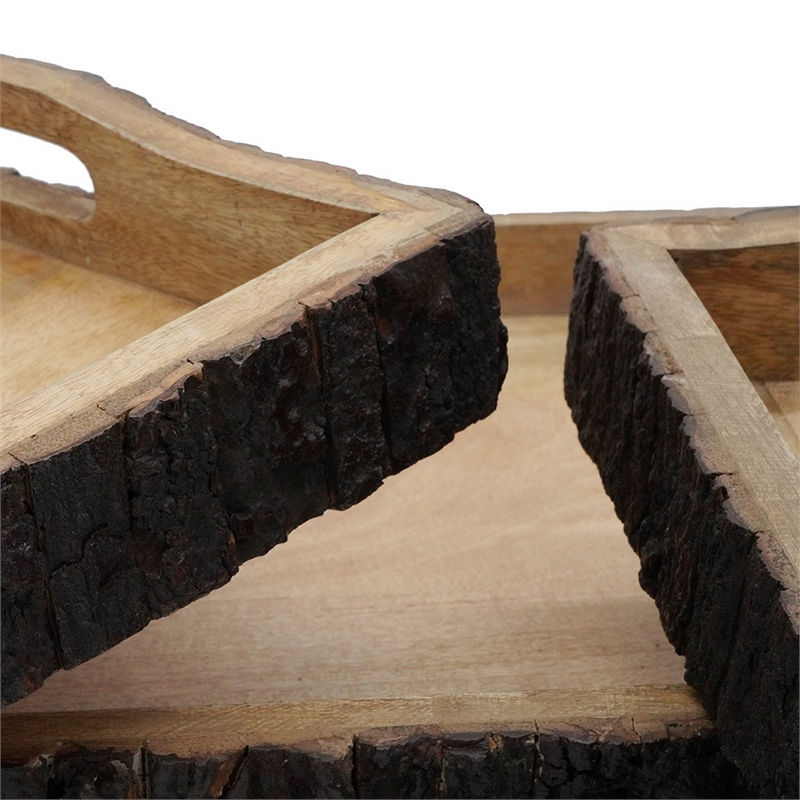 20- 18- 16 Inch Set of 3 Wood Serving Trays- Tree Bark Accent- Natural Brown