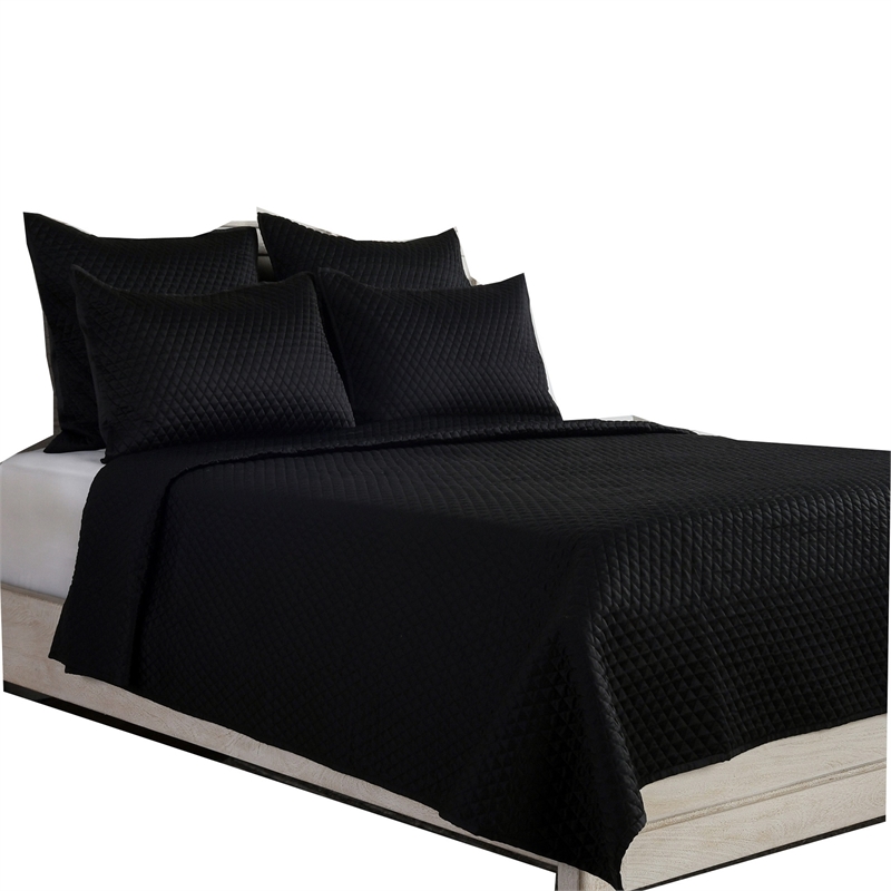 Kahn Hand Stitched Soft Sateen Queen Quilt with Cotton Fill- Matte Black