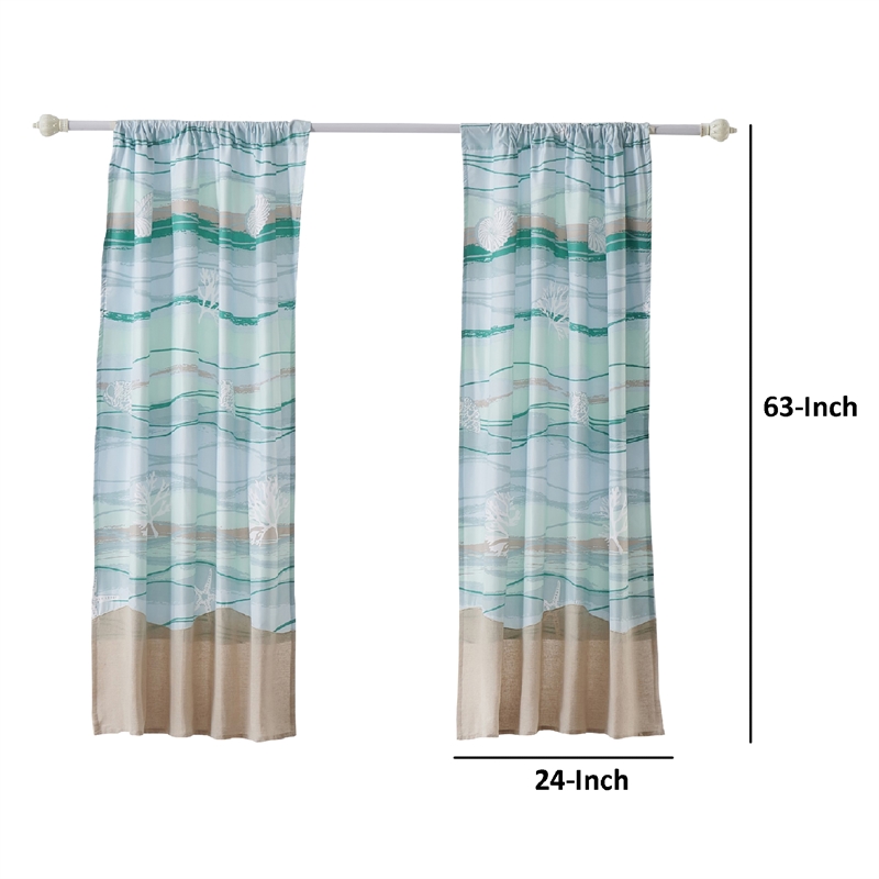 Vira 63 Inch Window Curtains- Ocean Waves and Sand Print- Rod Pockets