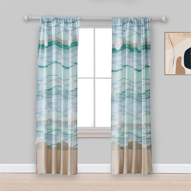 Vira 63 Inch Window Curtains- Ocean Waves and Sand Print- Rod Pockets