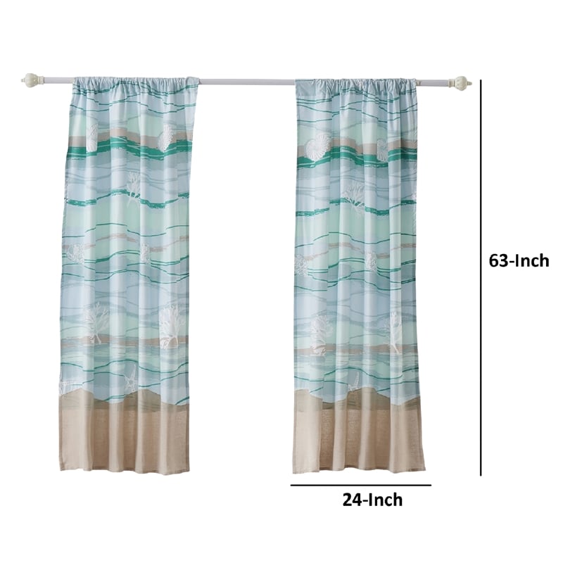 Vira 63 Inch Window Curtains- Ocean Waves and Sand Print- Rod Pockets