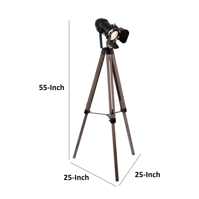 55 Inch Floor Lamp with Tripod Style Wood Frame- Spotlight- Brown and Black