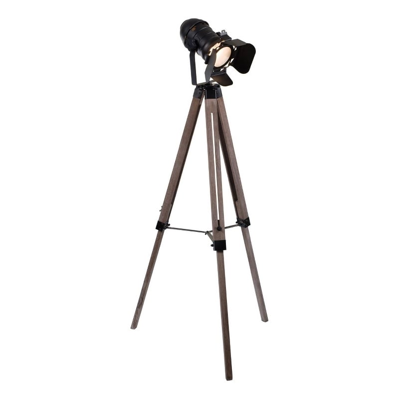 55 Inch Floor Lamp with Tripod Style Wood Frame- Spotlight- Brown and Black