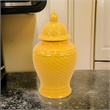 Bryan 18 Inch Ceramic Temple Jar- Geometric Print- Finial Top- Yellow
