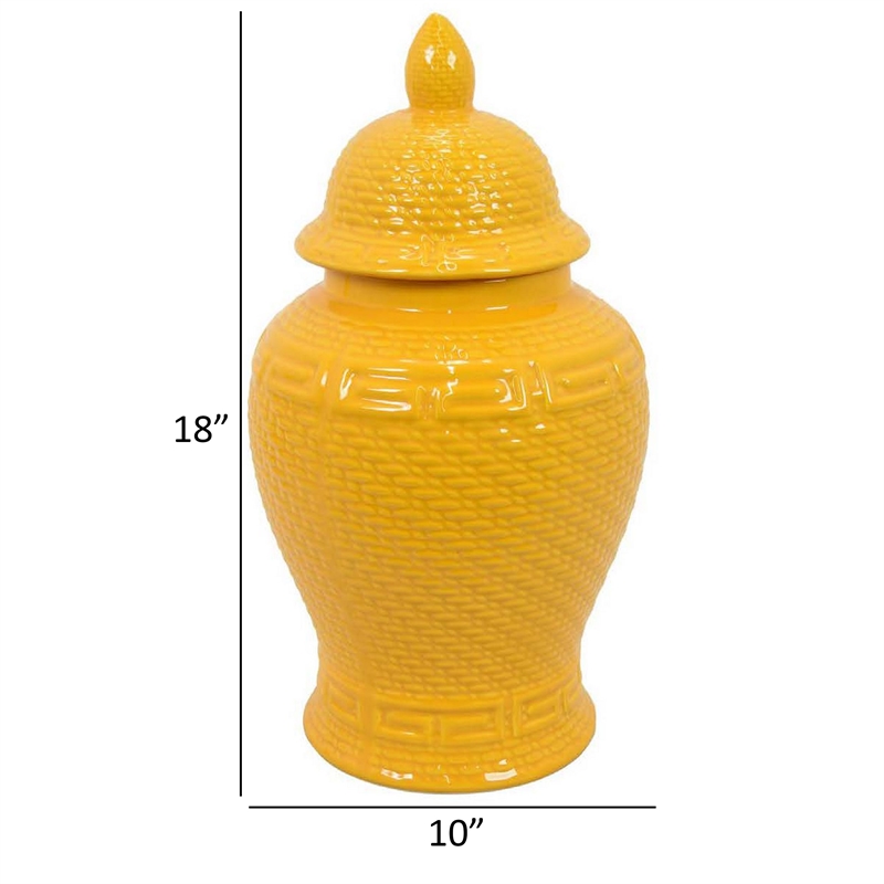 Bryan 18 Inch Ceramic Temple Jar- Geometric Print- Finial Top- Yellow