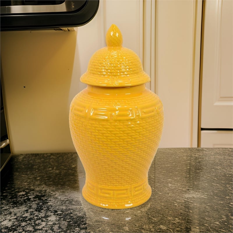 Bryan 18 Inch Ceramic Temple Jar- Geometric Print- Finial Top- Yellow