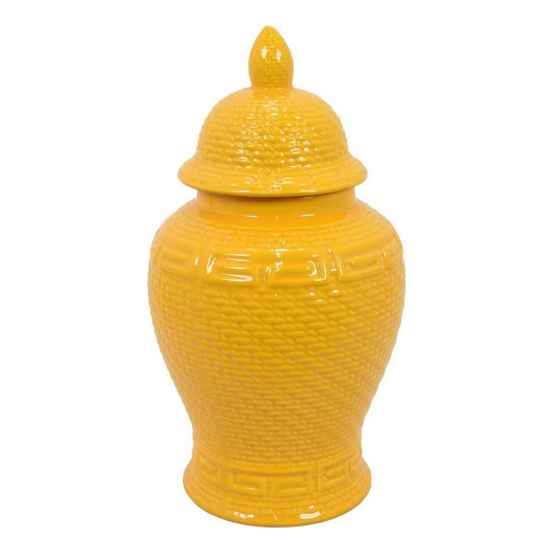 Bryan 18 Inch Ceramic Temple Jar- Geometric Print- Finial Top- Yellow