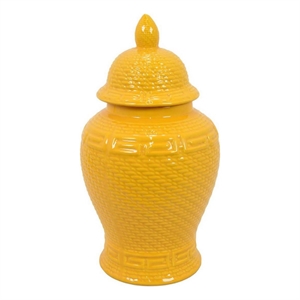 Bryan 18 Inch Ceramic Temple Jar- Geometric Print- Finial Top- Yellow