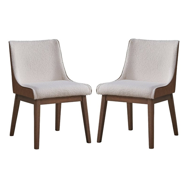 25 Inch Side Dining Chair Set of 2- Wingback- White Boucle- Walnut Brown