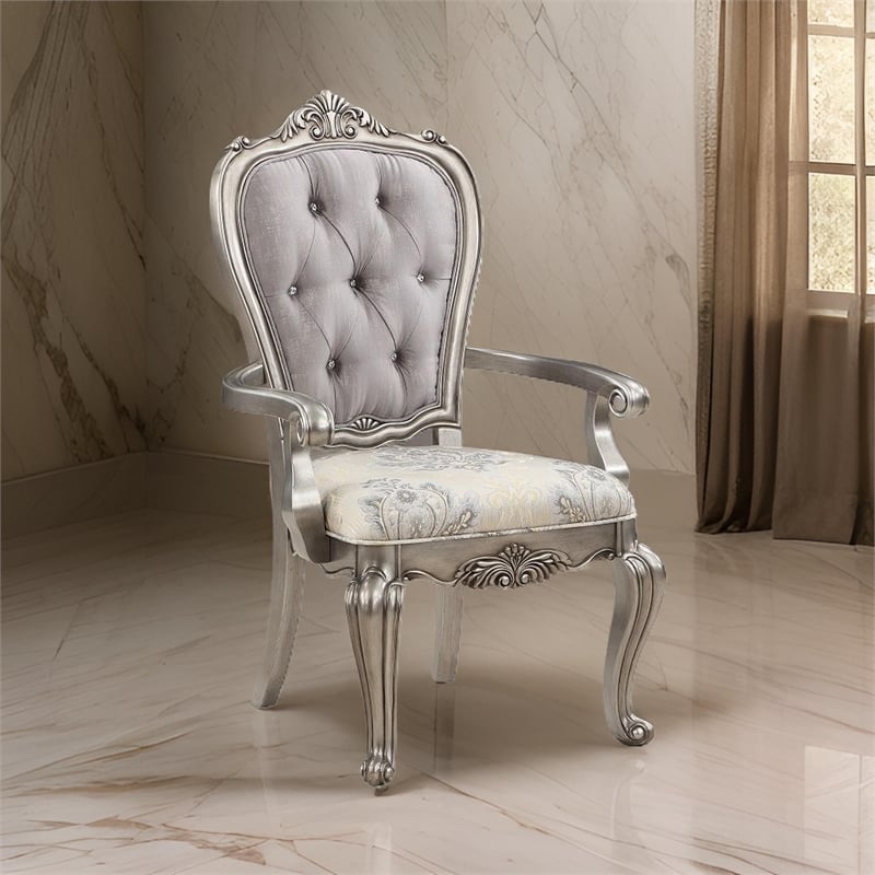 Aria 27 Inch Dining Armchair Set of 2- Plush Velvet- Antique Platinum Tone
