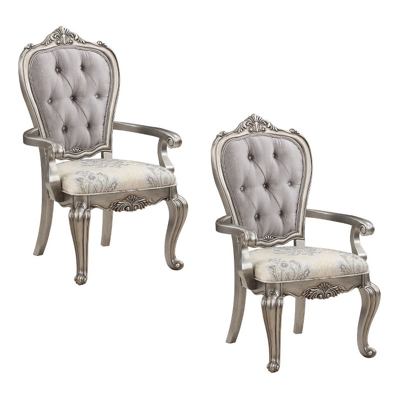 Aria 27 Inch Dining Armchair Set of 2- Plush Velvet- Antique Platinum Tone