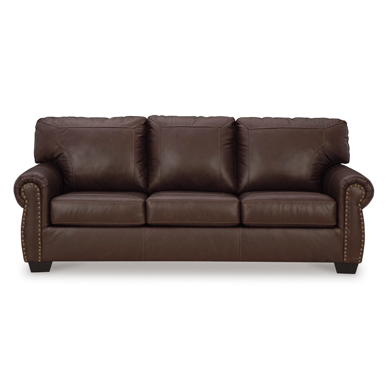 92 Inch Sofa- Nailhead Trim- Cushion Seating- Brown Leather Upholstery