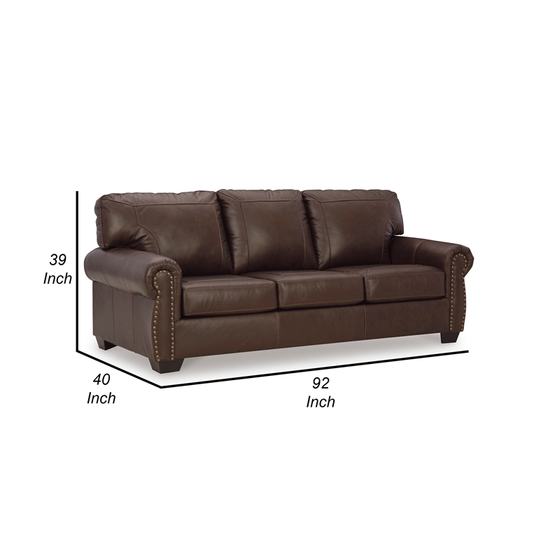 92 Inch Sofa- Nailhead Trim- Cushion Seating- Brown Leather Upholstery