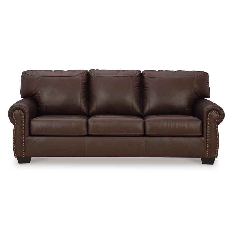 92 Inch Sofa- Nailhead Trim- Cushion Seating- Brown Leather Upholstery