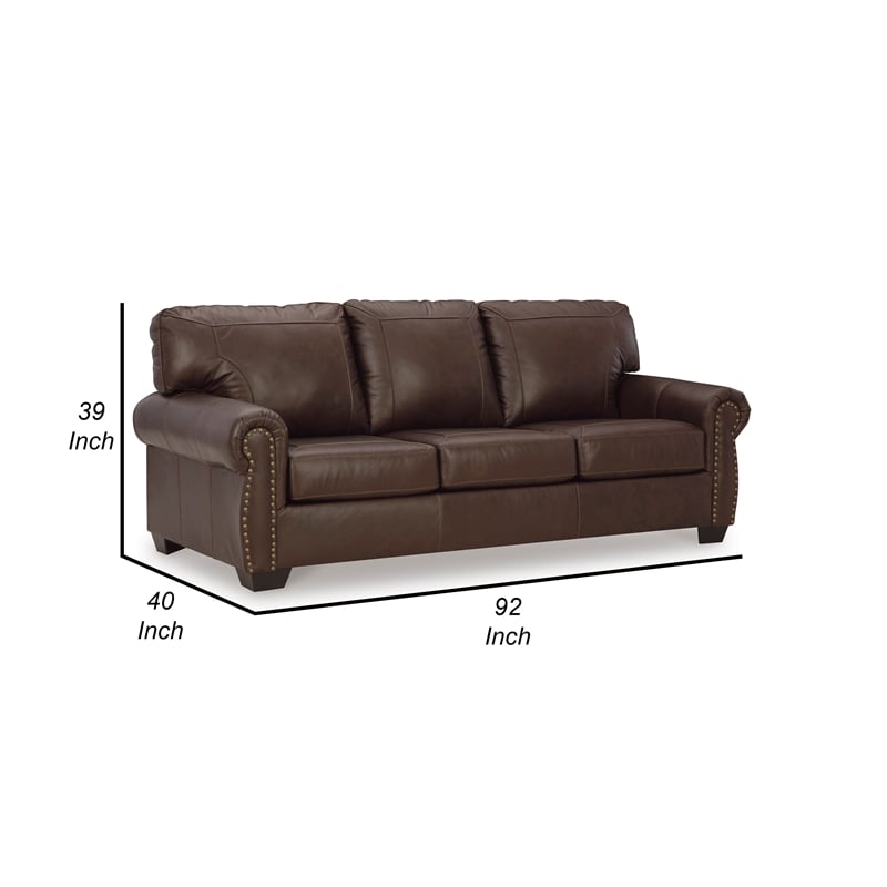 92 Inch Sofa- Nailhead Trim- Cushion Seating- Brown Leather Upholstery