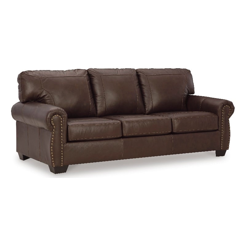 92 Inch Sofa- Nailhead Trim- Cushion Seating- Brown Leather Upholstery