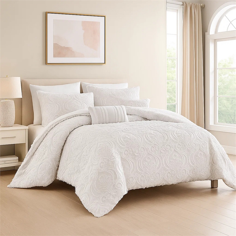 Kile Modern 6 Piece King Size Duvet Comforter Set- White Medallion Pattern