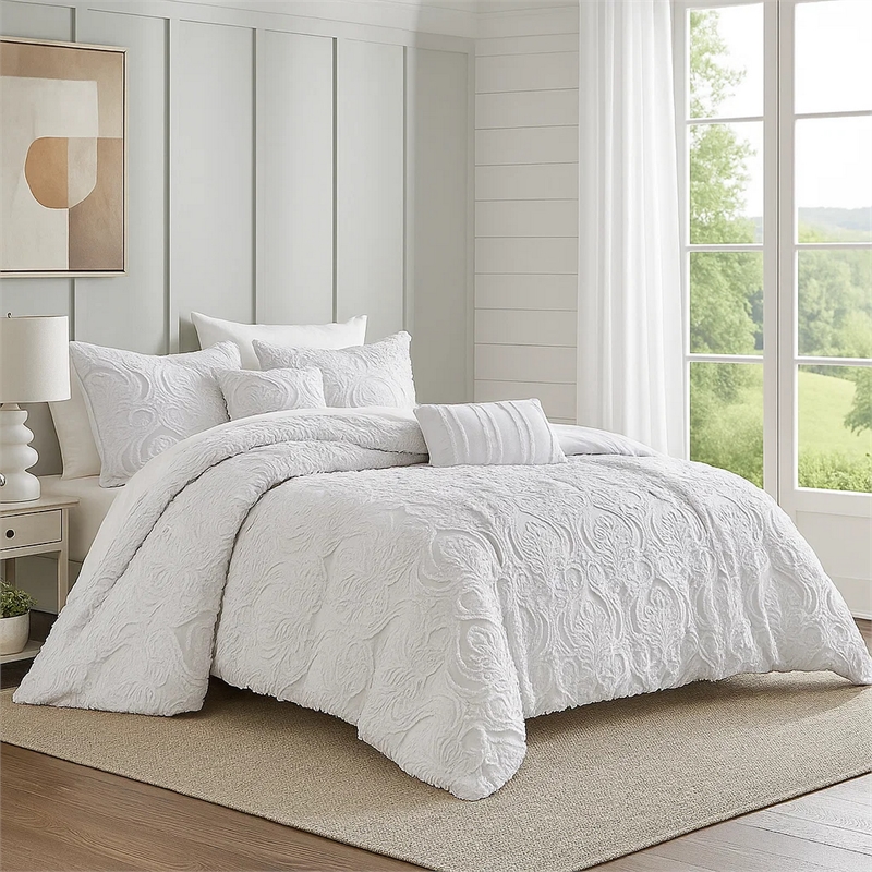 Kile Modern 6 Piece King Size Duvet Comforter Set- White Medallion Pattern
