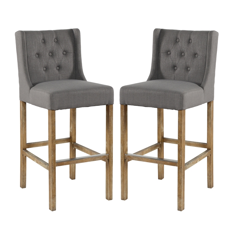 Wooden Barstool with Padded Seat- Wing Back- Set of 2- Gray and Brown