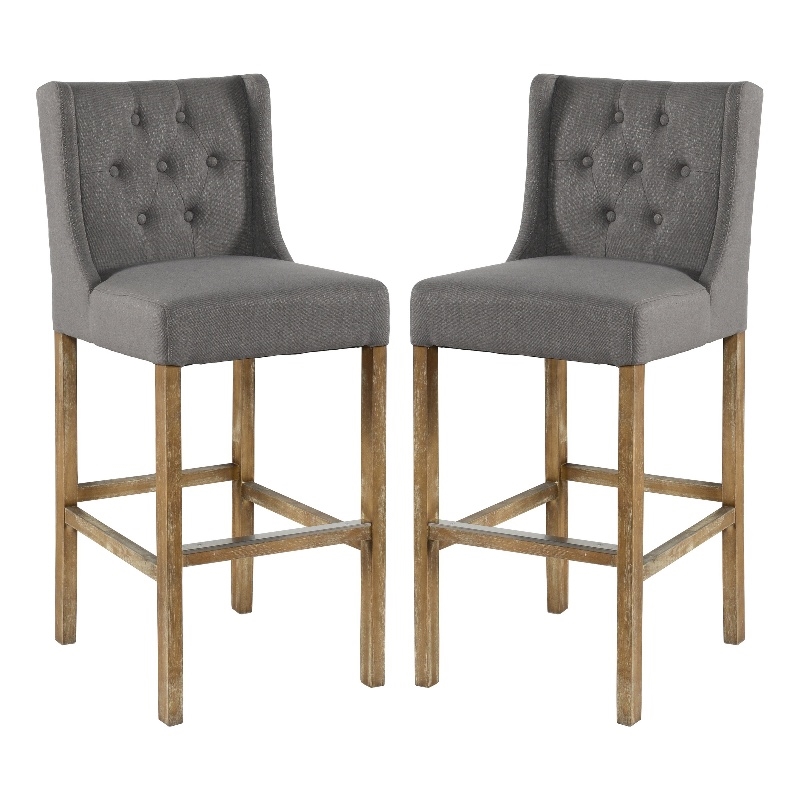 Wooden Barstool with Padded Seat- Wing Back- Set of 2- Gray and Brown