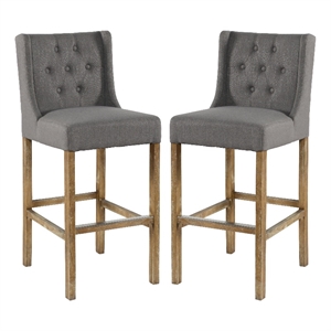 Wooden Barstool with Padded Seat- Wing Back- Set of 2- Gray and Brown