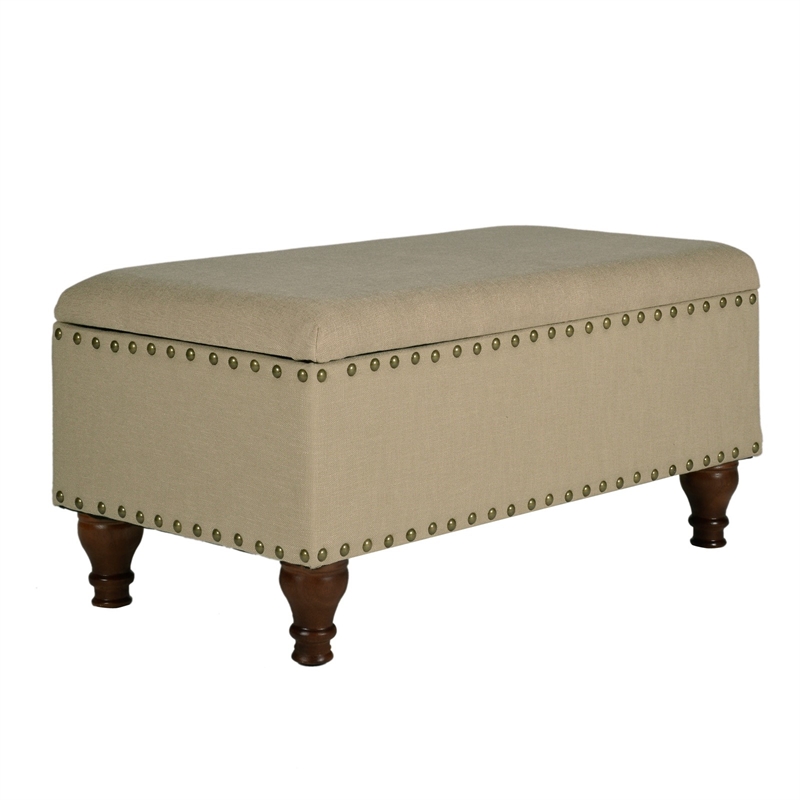 Fabric Upholstered Wooden Storage Bench With Nail head Trim- Large- Beige Brown