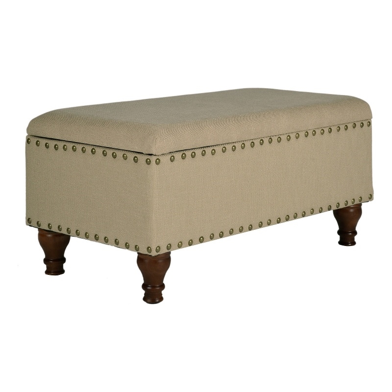 Fabric Upholstered Wooden Storage Bench With Nail head Trim- Large- Beige Brown