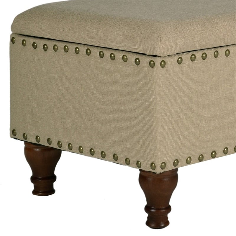 Fabric Upholstered Wooden Storage Bench With Nail head Trim- Large- Beige Brown