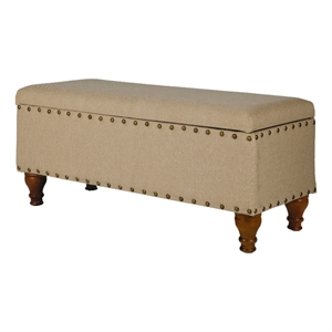 Fabric Upholstered Wooden Storage Bench With Nail head Trim- Large- Tan Brown