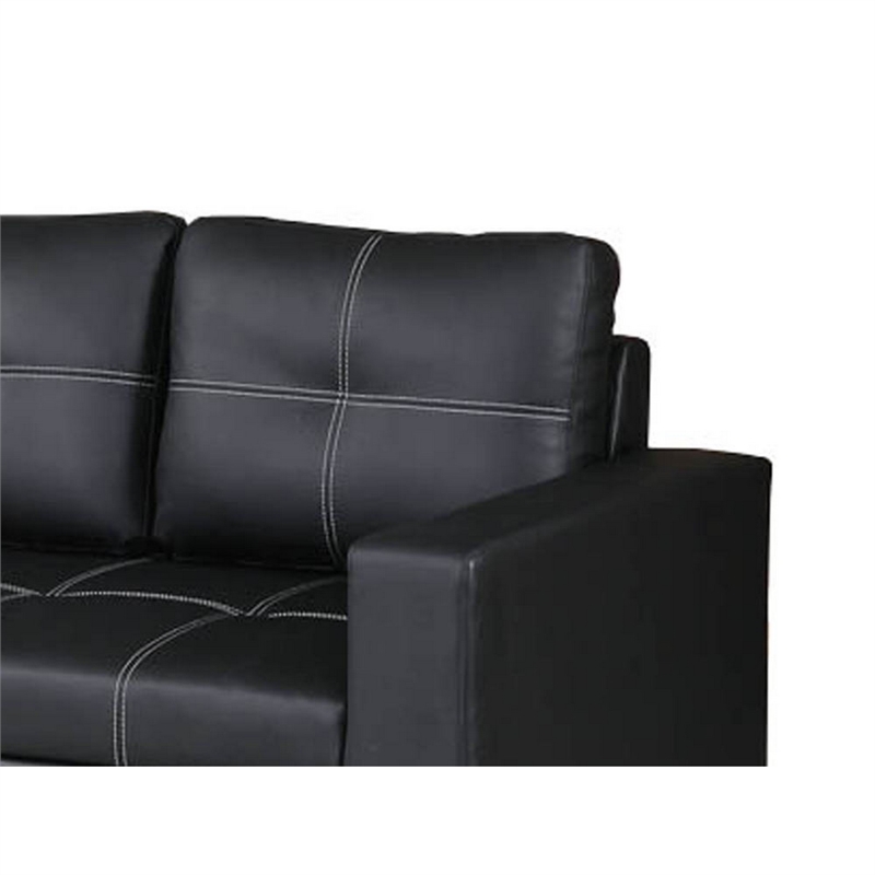85 Inch Convertible Sofa- Foam Cushions- Stitch Details- Black Faux Leather