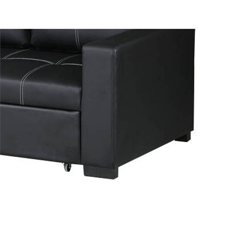 85 Inch Convertible Sofa- Foam Cushions- Stitch Details- Black Faux Leather