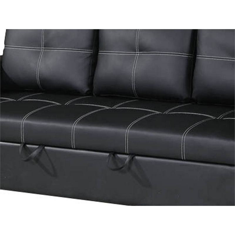 85 Inch Convertible Sofa- Foam Cushions- Stitch Details- Black Faux Leather