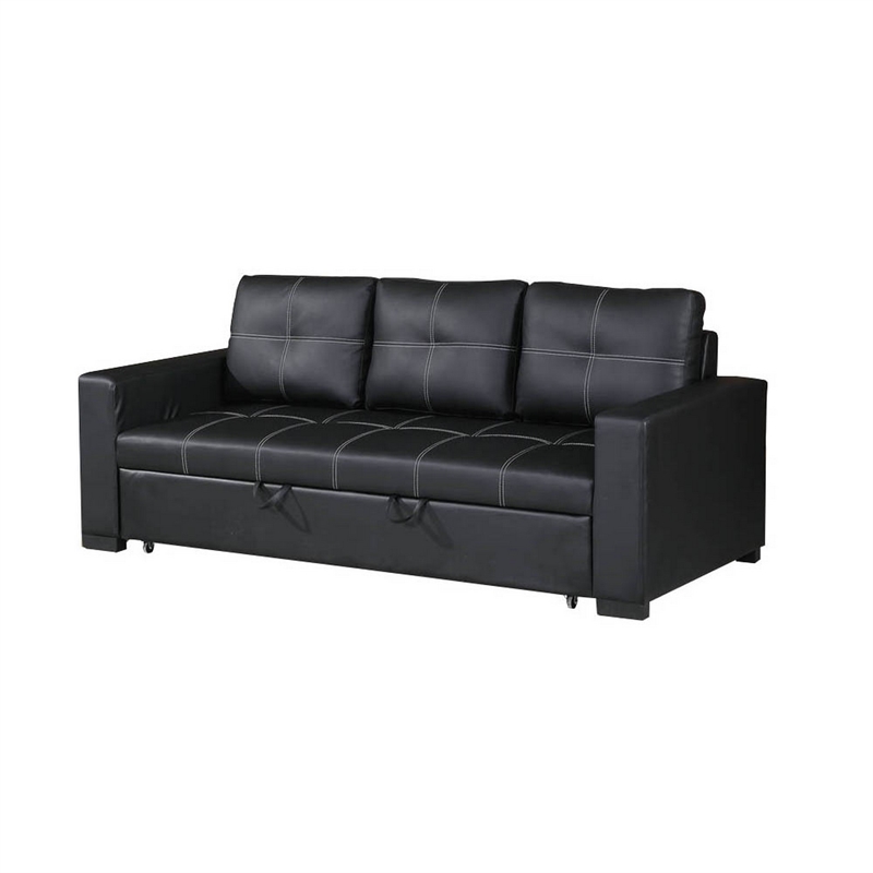 85 Inch Convertible Sofa- Foam Cushions- Stitch Details- Black Faux Leather