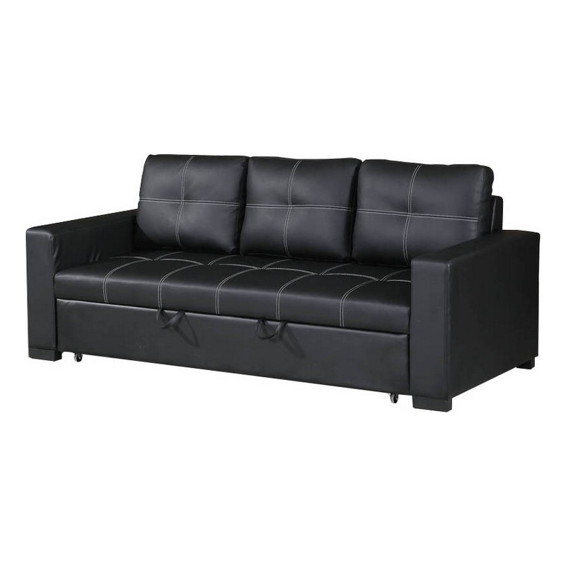85 Inch Convertible Sofa- Foam Cushions- Stitch Details- Black Faux Leather