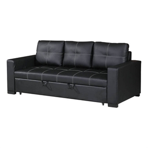 85 Inch Convertible Sofa- Foam Cushions- Stitch Details- Black Faux Leather