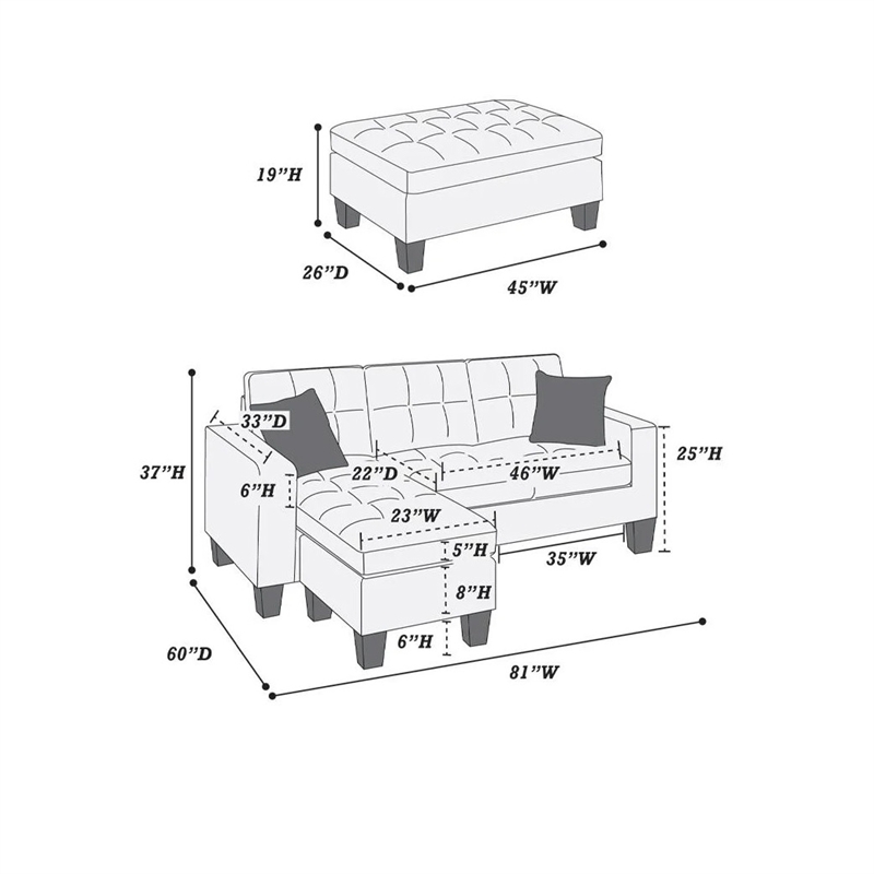 All In One Sectional With Ottoman And 2 Pillows In Gray