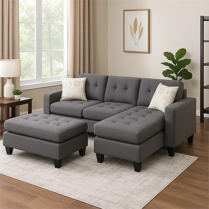 All In One Sectional With Ottoman And 2 Pillows In Gray