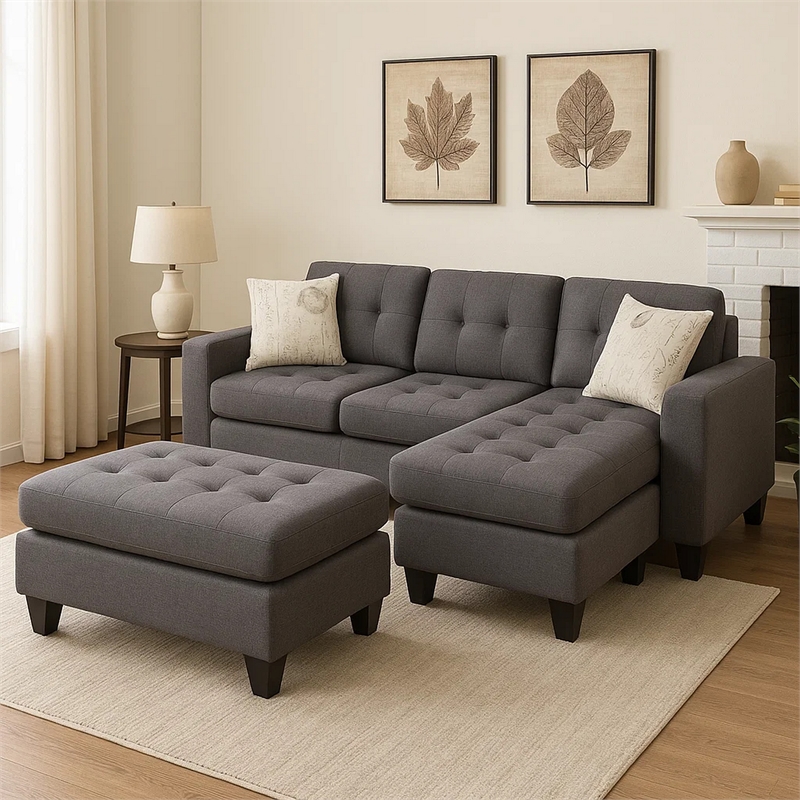 All In One Sectional With Ottoman And 2 Pillows In Gray