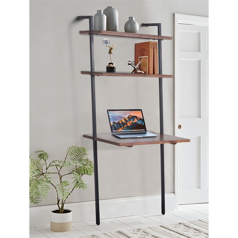 Industrial 3 Tier Mango Wood Ladder Storage Wall Shelf with Tubular Frame- Black