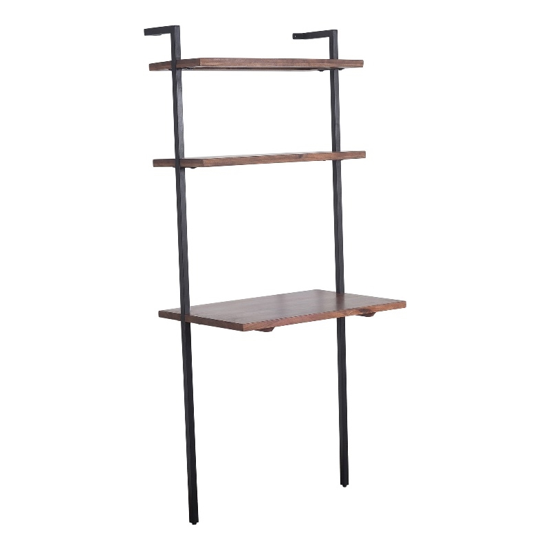 Industrial 3 Tier Mango Wood Ladder Storage Wall Shelf with Tubular Frame- Black