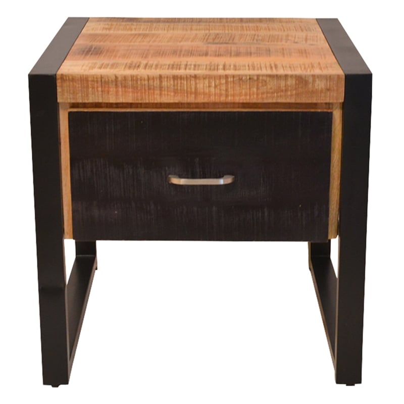 24 Inch Single Drawer Mango Wood Bedside Table- Iron Sled Style Base- Brown