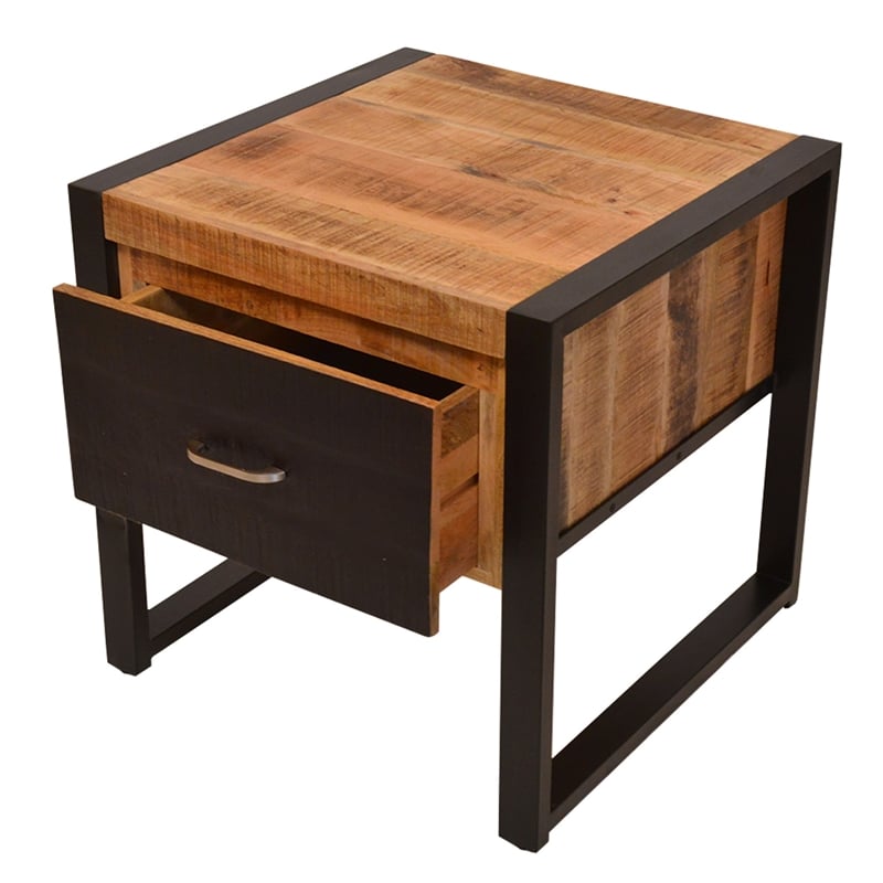 24 Inch Single Drawer Mango Wood Bedside Table- Iron Sled Style Base- Brown