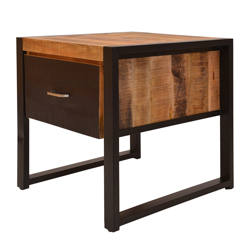 24 Inch Single Drawer Mango Wood Bedside Table- Iron Sled Style Base- Brown