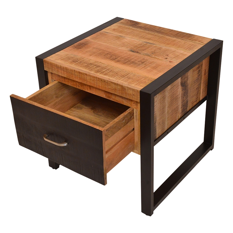 24 Inch Single Drawer Mango Wood Bedside Table- Iron Sled Style Base- Brown