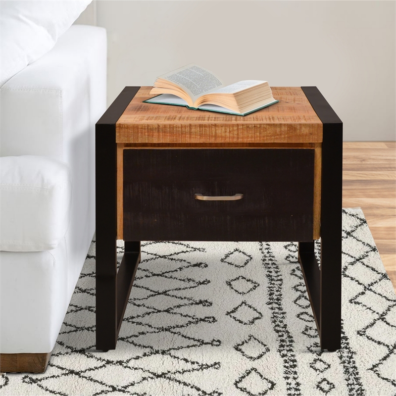 24 Inch Single Drawer Mango Wood Bedside Table- Iron Sled Style Base- Brown