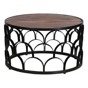 Dex 32 Inch Round Coffee Table- Mango Wood Top- Lattice Cut Metal Frame- Brown